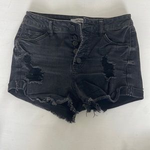 Black cut off distressed button up jean shorts
